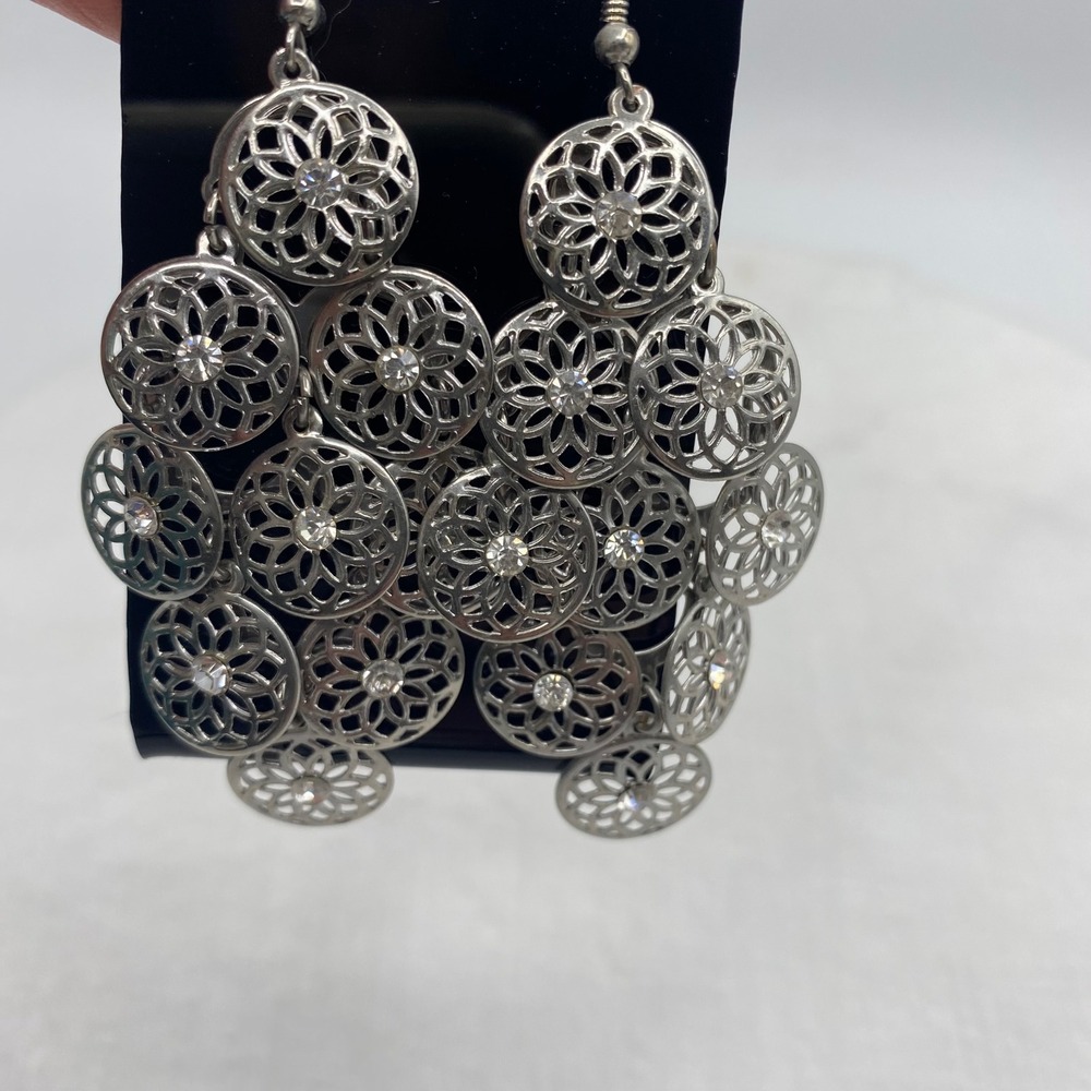 Paparazzi Chandelier Earrings Silver Filigree Floral Rhinestone Drop Dangle Boho